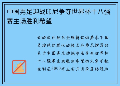 中国男足迎战印尼争夺世界杯十八强赛主场胜利希望